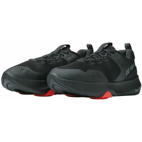 Pair of black athletic sneakers with mesh uppers and red outsole accents, shown side by side.
