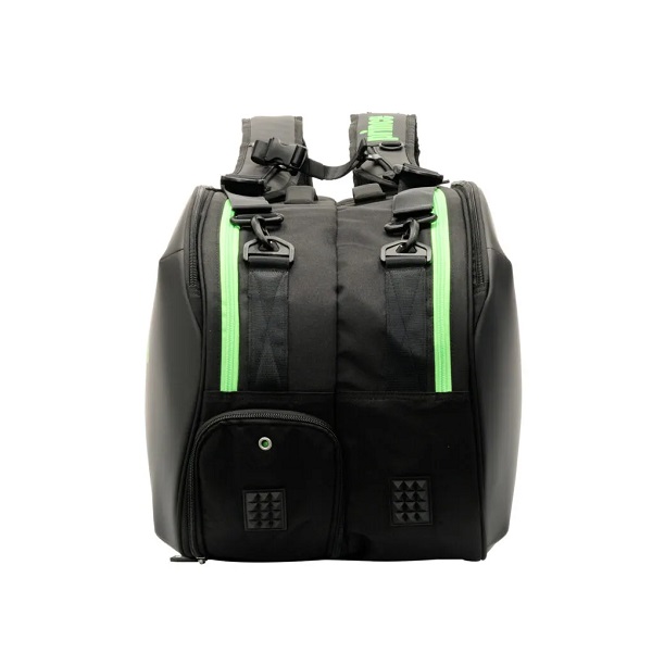 Black backpack with neon green zipper pulls and adjustable straps viewed from the front, featuring a front pocket.