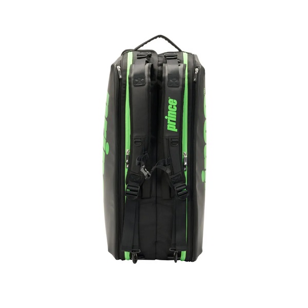 Rear view of a black backpack with neon green accents, padded shoulder straps, and a top handle (Prince brand)