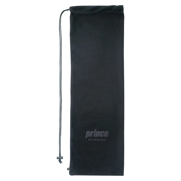 Black drawstring badminton racket bag with Prince logo.
