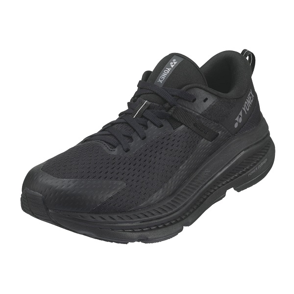 Black Yonex athletic sneaker with a breathable mesh upper, padded collar, and chunky sole shown from a three-quarter angle.