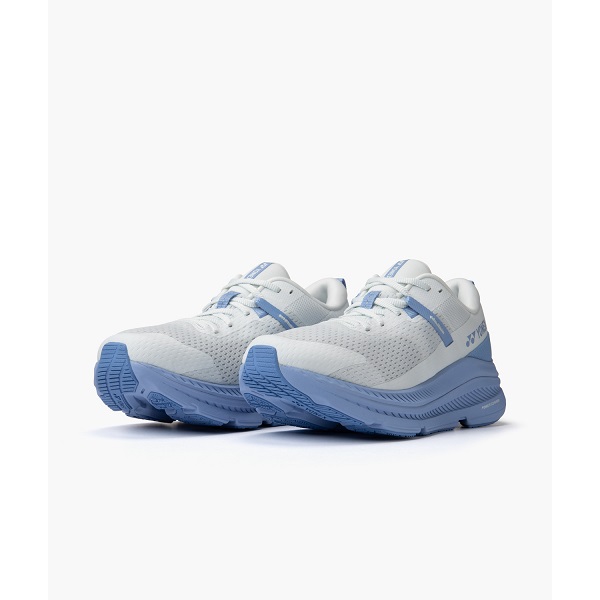 White and light-blue running shoes with breathable mesh on a white background.