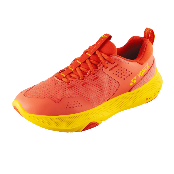 Orange Yonex running shoe with yellow sole shown in a diagonal side view