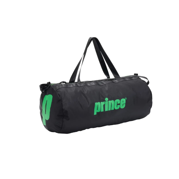 Black duffel bag with green 'Prince' logo and handles, photographed on a white background for product display