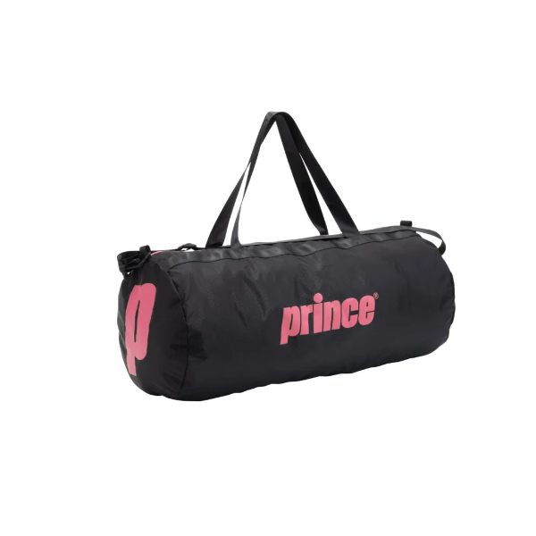 Black duffel bag with pink Prince logo and carrying handles