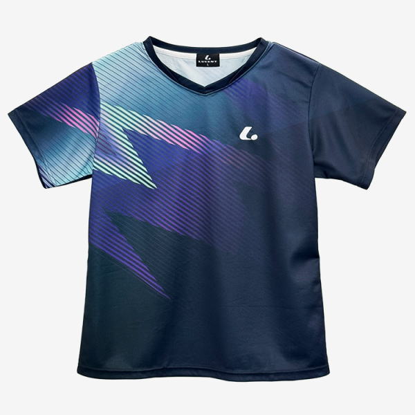 Navy blue athletic jersey with teal and purple geometric graphics on the front-left and a small white logo on the chest; short sleeves.