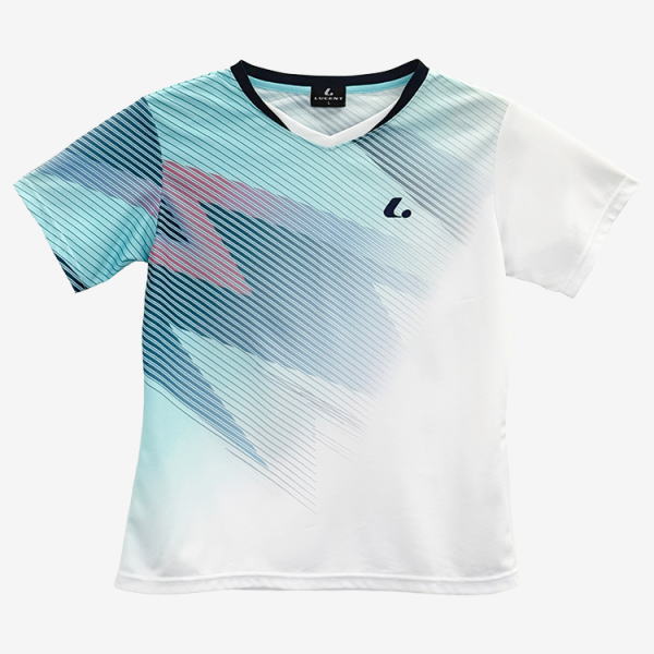 White short-sleeve T-shirt with a blue diagonal stripe pattern, black-trimmed V-neck, and a small dark blue logo on the chest.