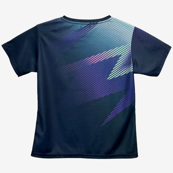 Dark navy short-sleeve T-shirt with teal, purple, and light-green diagonal geometric stripes.