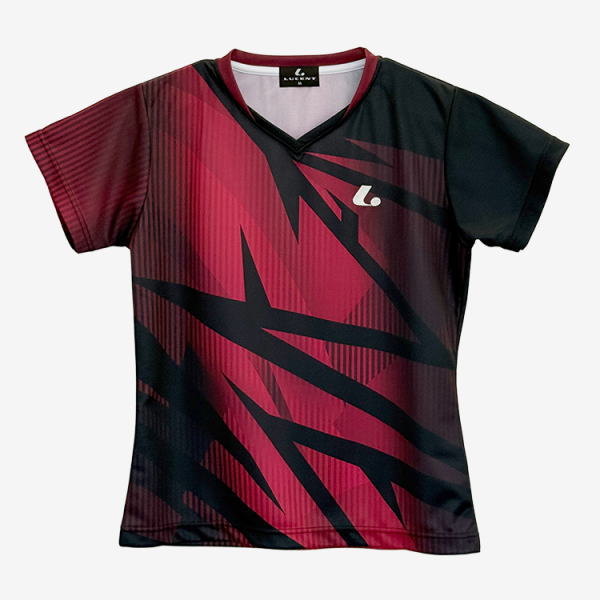 V-neck athletic jersey with red and black jagged geometric pattern and a small chest logo, front view.
