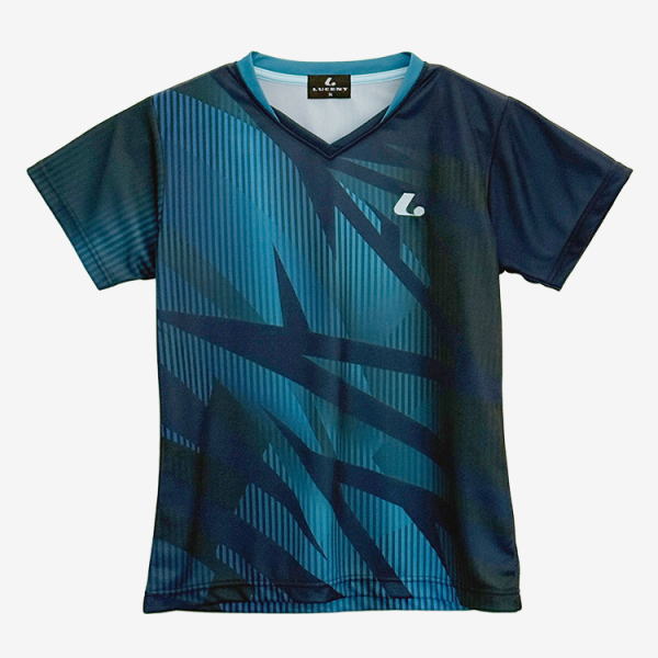 Blue and teal geometric-patterned short-sleeve sports jersey with a V-neck and a small white logo on the left chest.