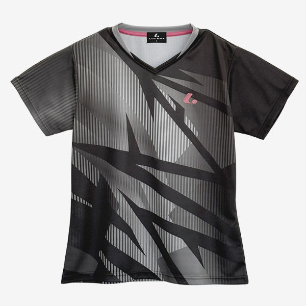Black and gray geometric-patterned short-sleeve athletic jersey with a small pink logo on the chest.