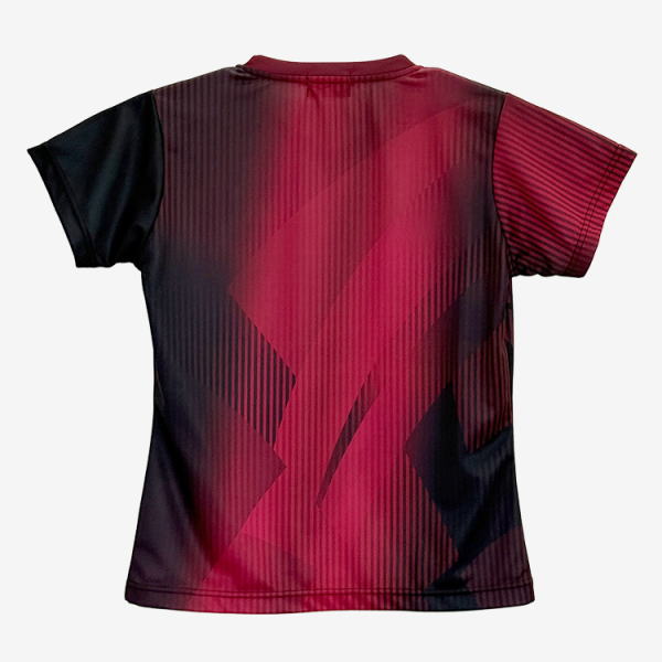 Back view of a red and black geometric-pattern short-sleeve athletic jersey.