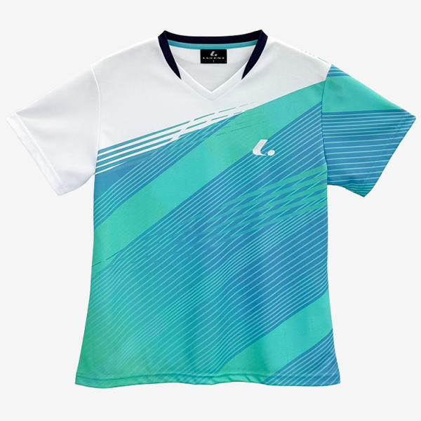 Turquoise and blue diagonal-striped athletic jersey with white upper section and small logo on chest.