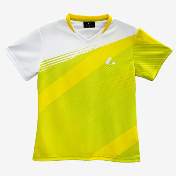 White and bright yellow diagonal-striped sports jersey with a V-neck and short sleeves; small white logo on the left chest.