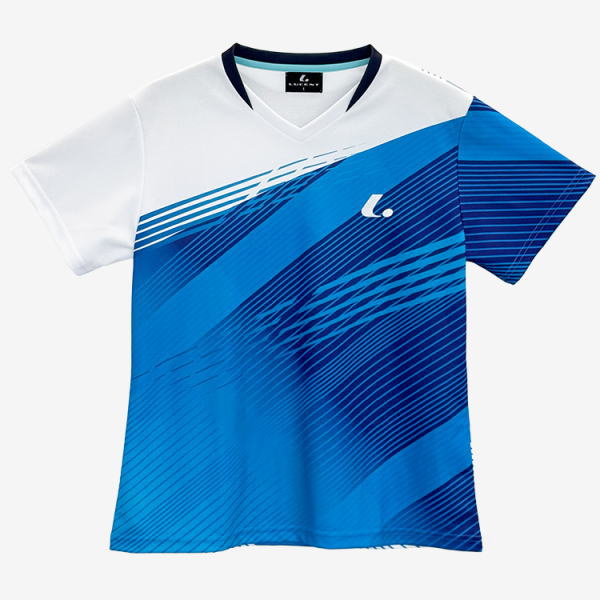 White and blue diagonal-patterned short-sleeve sports jersey with a blue gradient, logo on chest, likely for athletic wear