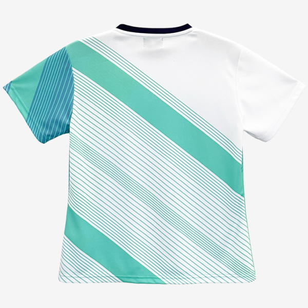 Back view of a white T-shirt with teal diagonal stripes and thin white lines across the fabric