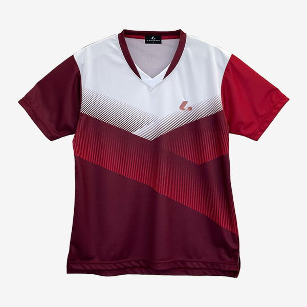 Maroon, white, and burgundy athletic jersey with diagonal chevron pattern on chest and a small logo on the left chest.