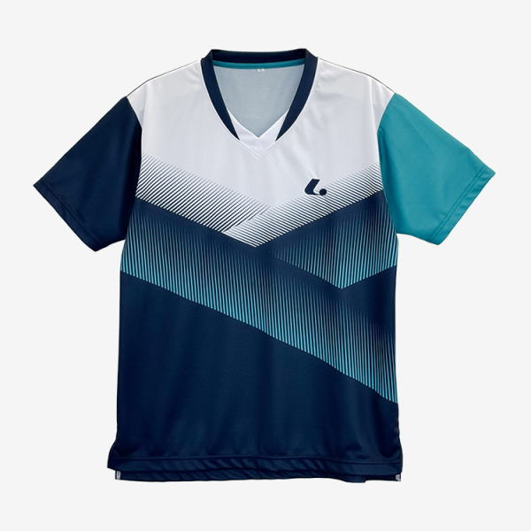 Performance sports jersey with navy, white, and teal chevron pattern and a small logo on the chest (front view).