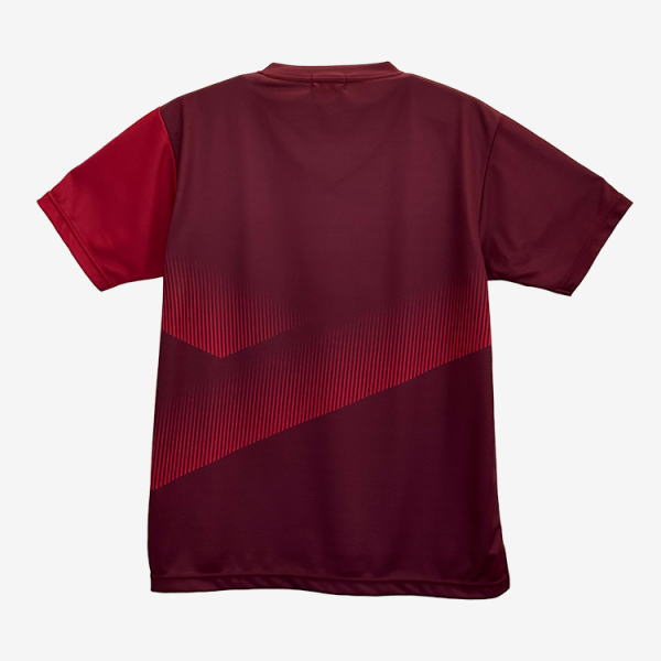 Maroon short-sleeve athletic shirt with a diagonal red striped panel across the back.
