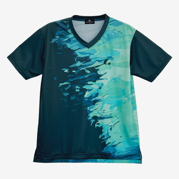 V-neck short-sleeve athletic jersey in dark teal with a teal-blue camouflage pattern on the front.