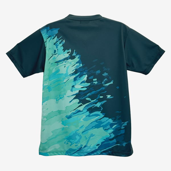 Back view of a short-sleeve T-shirt with an abstract teal and blue wave pattern.