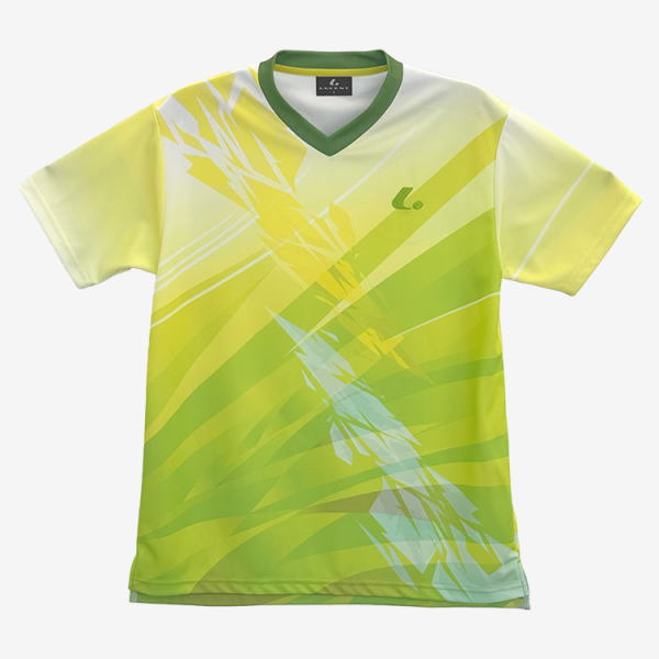 Lime green athletic jersey with abstract yellow-green streaks and a dark green V-neck collar; looks like a sports shirt design.