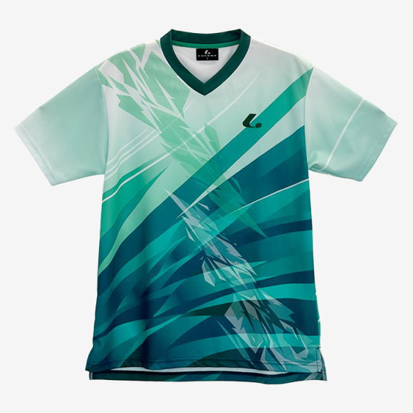 V-neck sports jersey with teal, aqua, and dark green geometric abstract pattern and a small brand logo on the chest area (men's size).