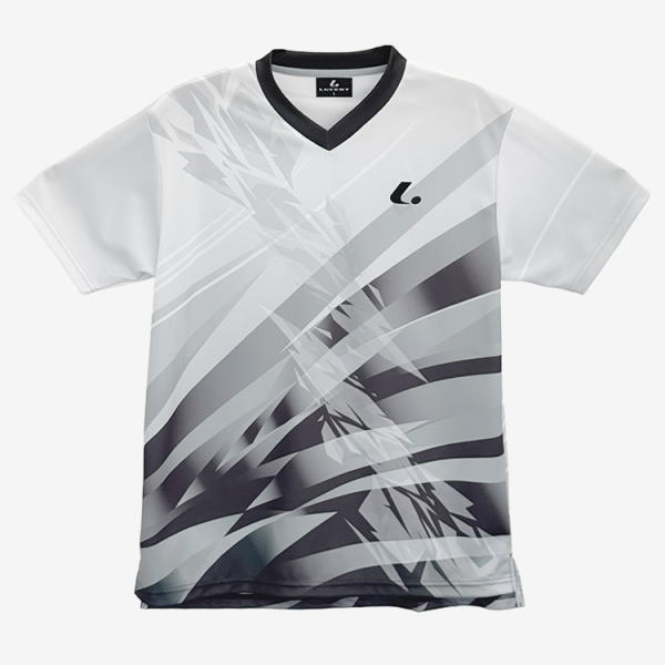 White and gray V-neck athletic jersey with an abstract diagonal pattern and a small black brand logo on the chest.