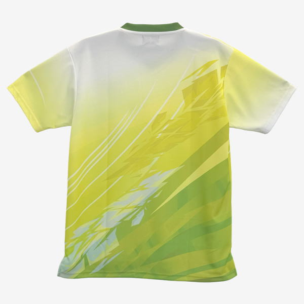 Back view of a short-sleeve sports T-shirt with a white-to-yellow gradient and green diagonal abstract pattern.