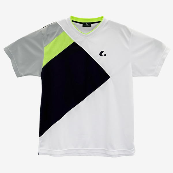 White short-sleeve sports jersey featuring neon lime green and gray diagonal panels with a black diamond shape on the front and a small brand logo.