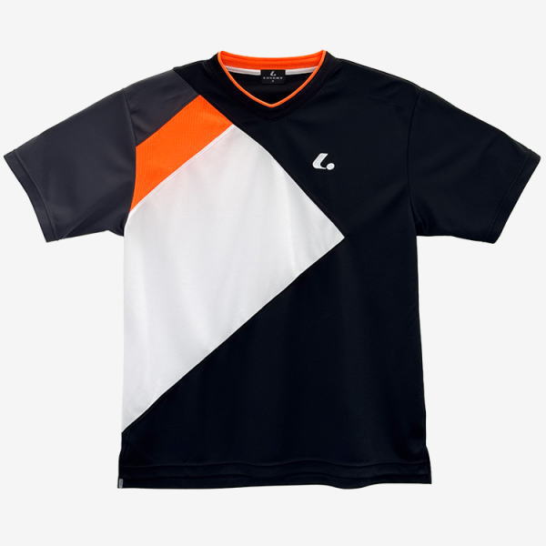 Sport jersey with black body, orange shoulder panel, and white diagonal stripe; small logo on the chest.