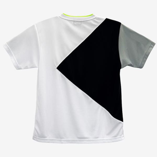 White T-shirt with a large black diagonal panel across the front and a gray right sleeve, neon lime collar trim visible at the neck edge.
