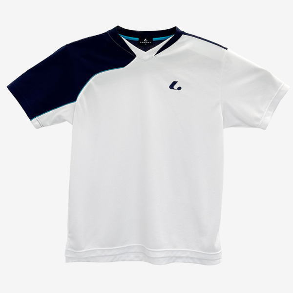 White short-sleeve sports polo with a navy left shoulder panel and a small dark logo on the chest. Readies for athletic wear.