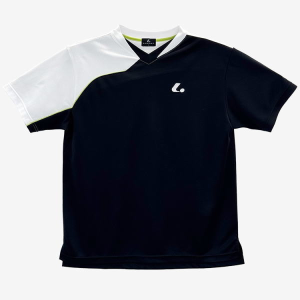 Black short-sleeve sports jersey with a white left sleeve, lime trim at the V-neck, and a small white logo on the chest.