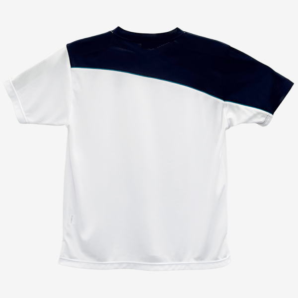 White color-block T-shirt with a dark navy yoke across the chest and a curved seam