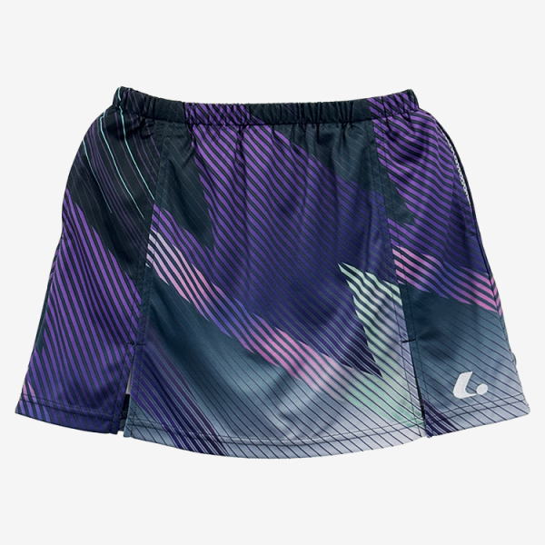 Sporty purple and blue geometric print athletic skirt with an elastic waistband and a small white 'L' logo at the hem.