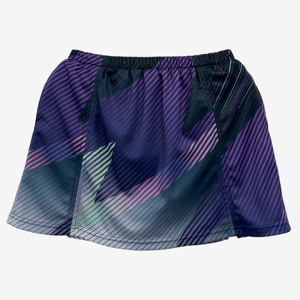 Athletic skirt in purple, navy, and pink with diagonal stripe pattern and an elastic waistband.
