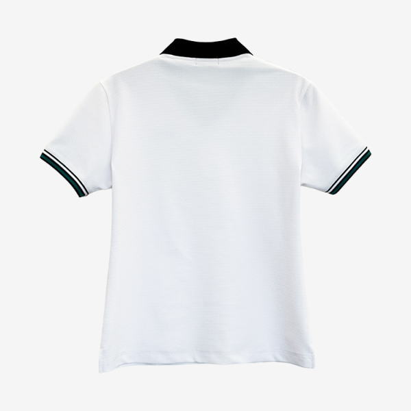 Back view of a white polo shirt with a black collar and striped sleeve cuffs.