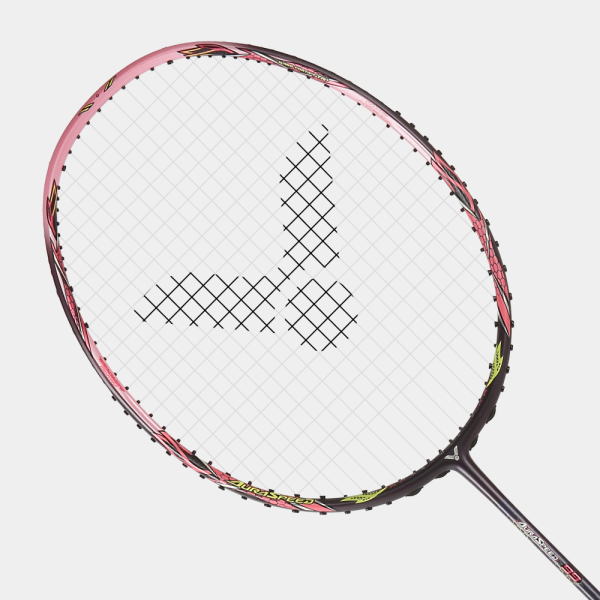 Pink tennis racket with a white string bed showing a black thumbs-up shape formed by the strings.