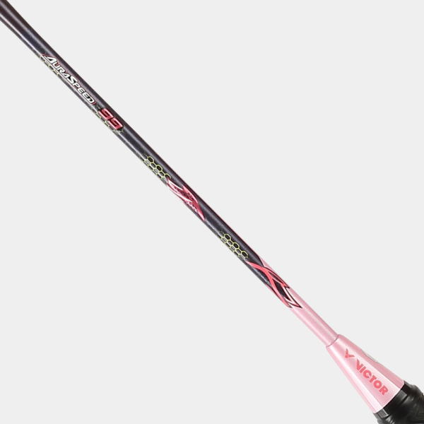 Victor Auraspeed 50 badminton racket shaft with pink grip, angled diagonally on a light background.