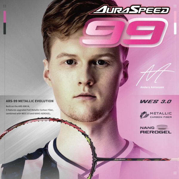 Promotional poster for AuraSpeed 99 with a close-up of a young man and a badminton racquet in the foreground, pink gradient background and sponsor logos.