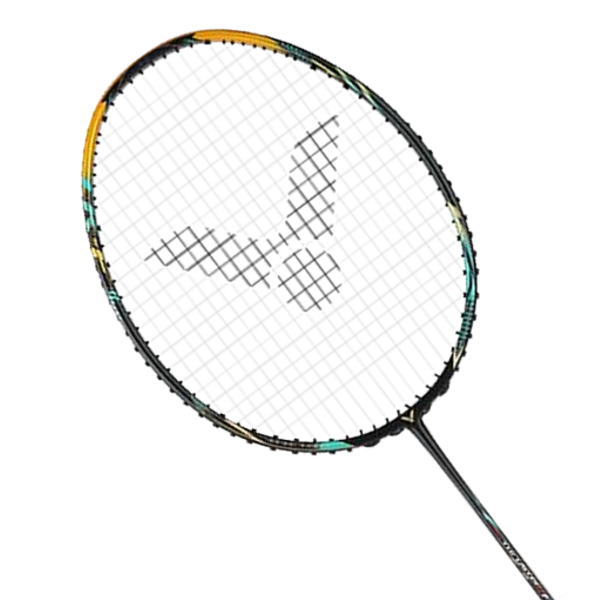Badminton racket angled to show the string bed forming a shuttlecock silhouette in the center of the strings.
