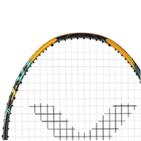Close-up of a tennis racket head with white string bed and a multicolored frame on a white background.