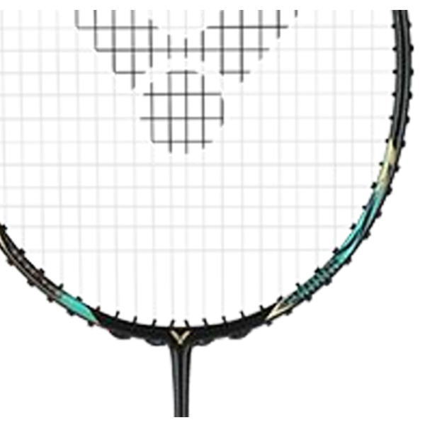 Close-up of a tennis racket head showing the grid of strings and the frame with teal accents at the bottom edge