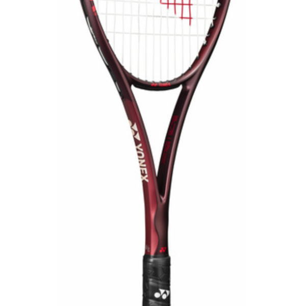 Red and black Yonex tennis/badminton racket shown upright with white strings and black grip on the handle.