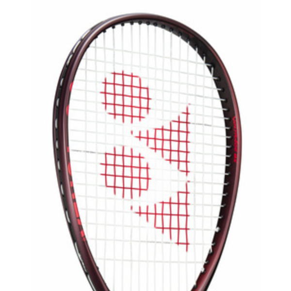 Badminton racket with red accents and a skull-shaped design formed by the strings on the hitting area.