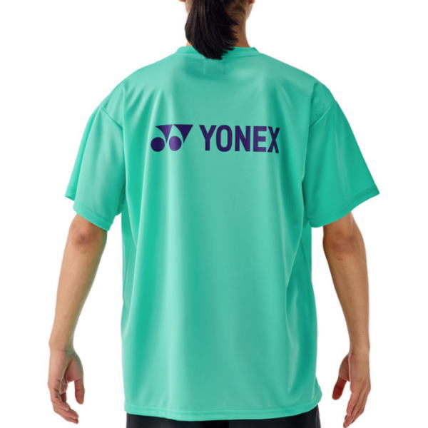 Back view of a person wearing a teal Yonex sports shirt with the Yonex logo on the upper back (mint-green/teal color).