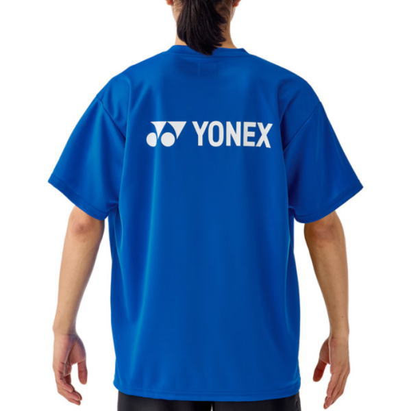 Back view of a person wearing a bright blue Yonex T-shirt with short sleeves and the Yonex logo visible on the back