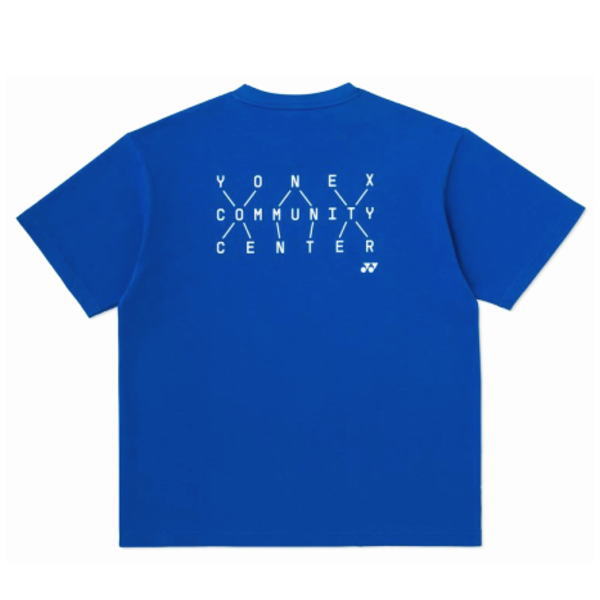 Blue T-shirt showing a back design with the words 'YONEX COMMUNITY CENTER' arranged in a diamond grid and a small Yonex logo beneath.