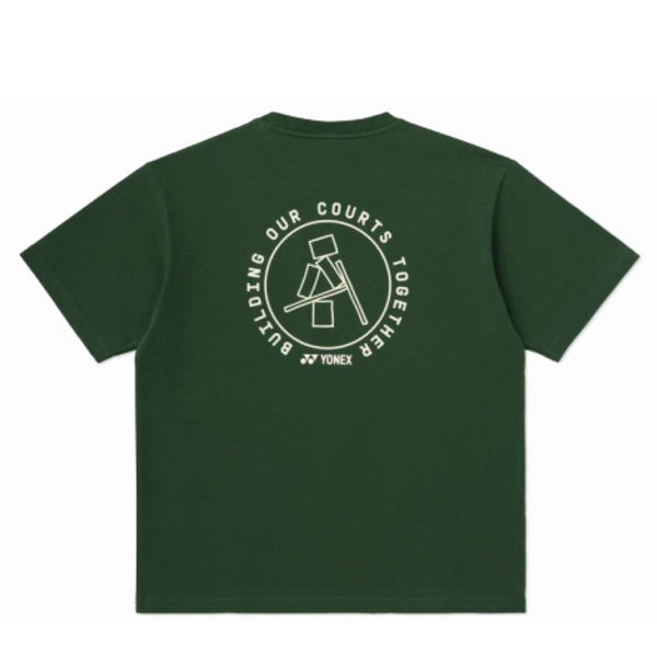 Back of a dark green T-shirt featuring a white circular logo with the words 'BUILDING OUR COURTS TOGETHER' surrounding a stylized figure holding a racket; Yonex branding at the bottom.